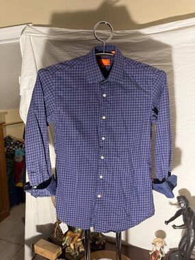 TALLIA Blue and Purple Check Spread-Collar Dress Shirt